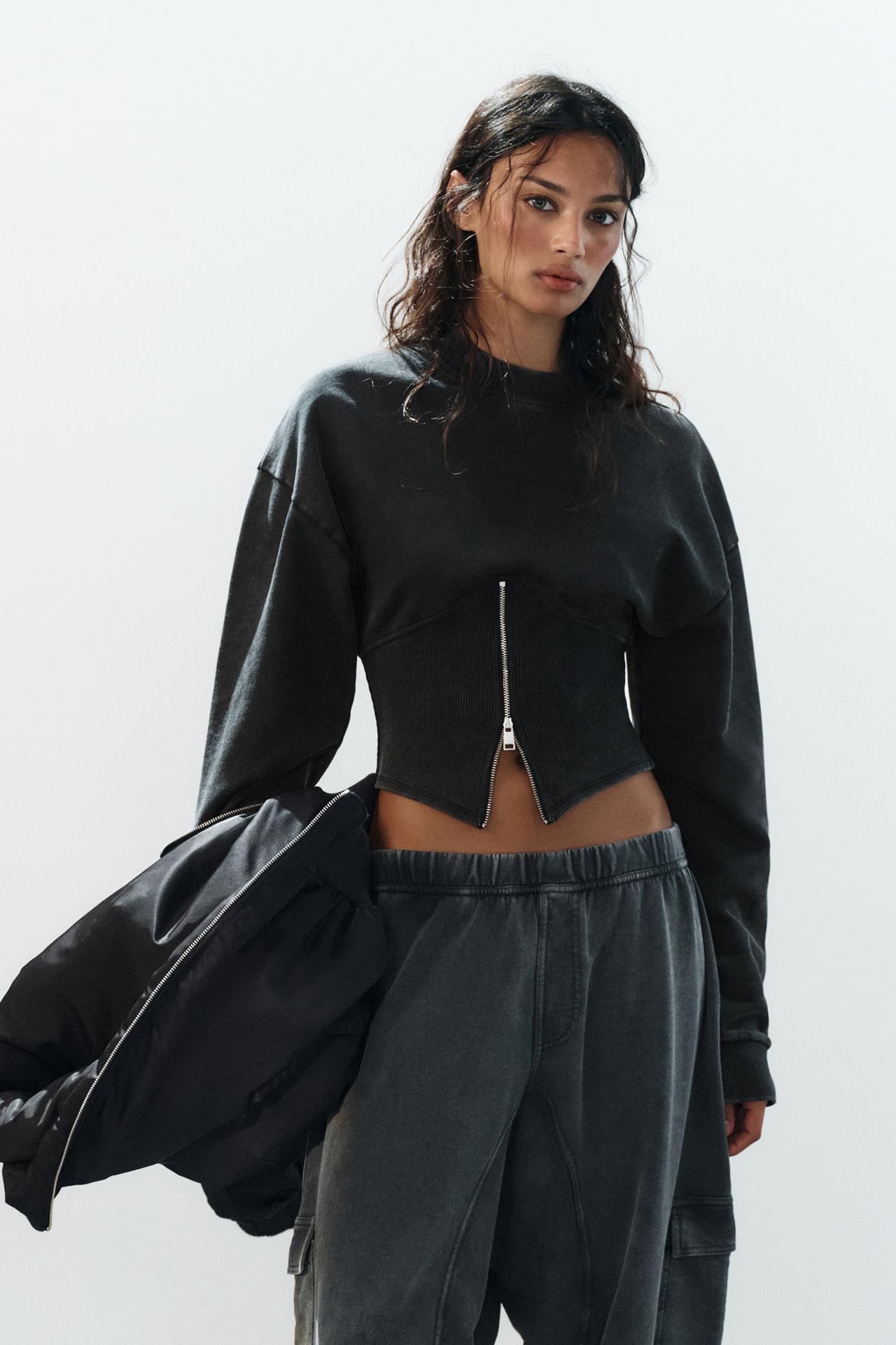 WASHED EFFECT CORSET ZIPPER SWEATSHIRT — Dark gray
