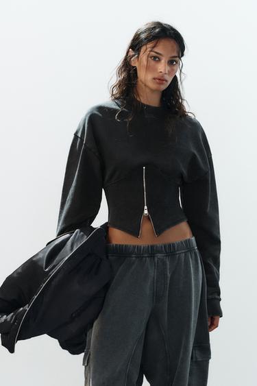 WASHED EFFECT CORSET ZIPPER SWEATSHIRT — Dark gray 1