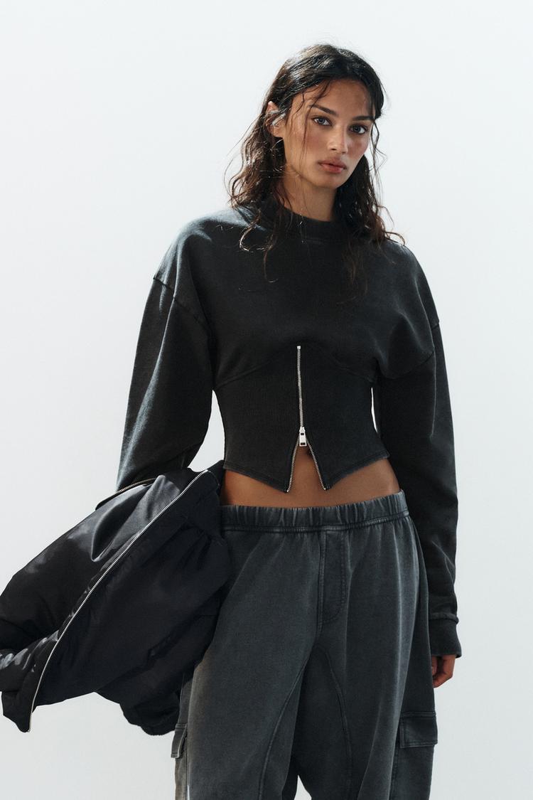 WASHED EFFECT CORSET ZIPPER SWEATSHIRT — Dark gray