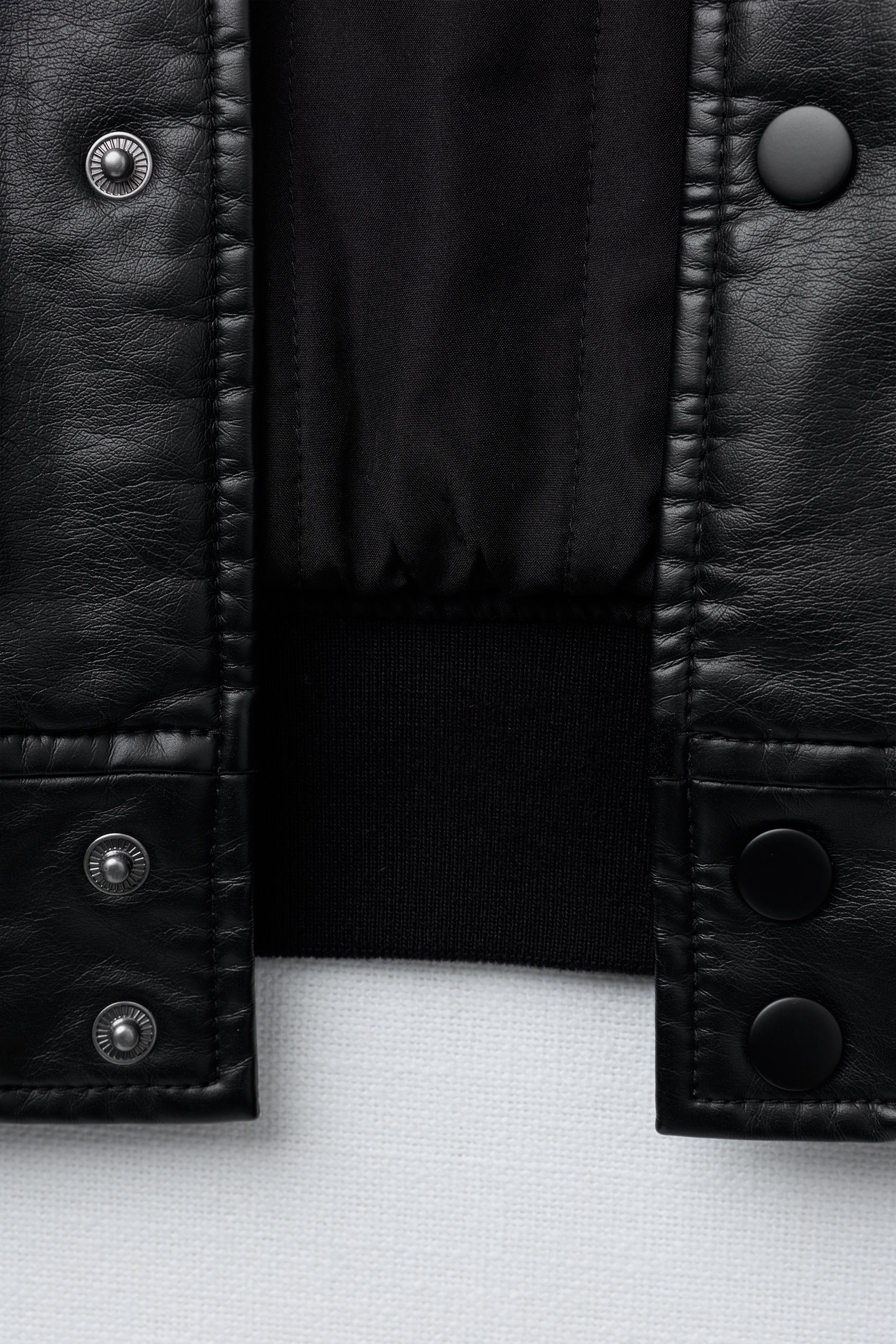 FAUX LEATHER BOMBER JACKET WITH EMBROIDERED TEXT
