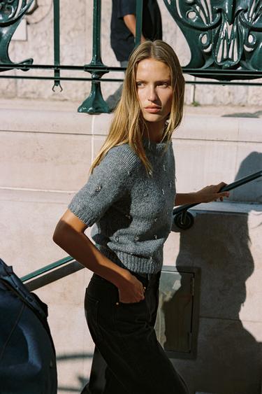KNIT SWEATER WITH JEWEL BEADS - Grey by Zara - Image 3