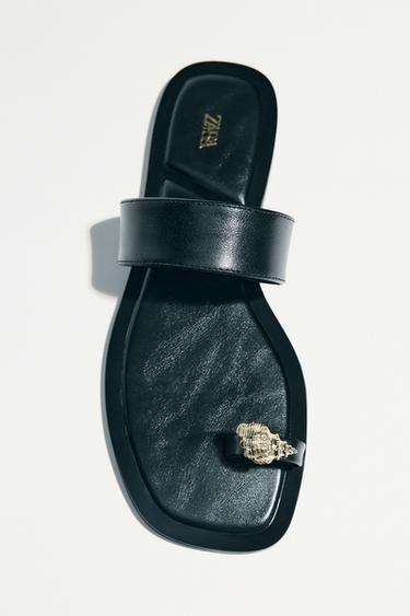 Zara METALLIC BEADED TOE SANDALS - Black
