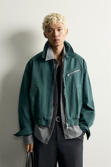 CROPPED WASHED JACKET — Dark turquoise 1