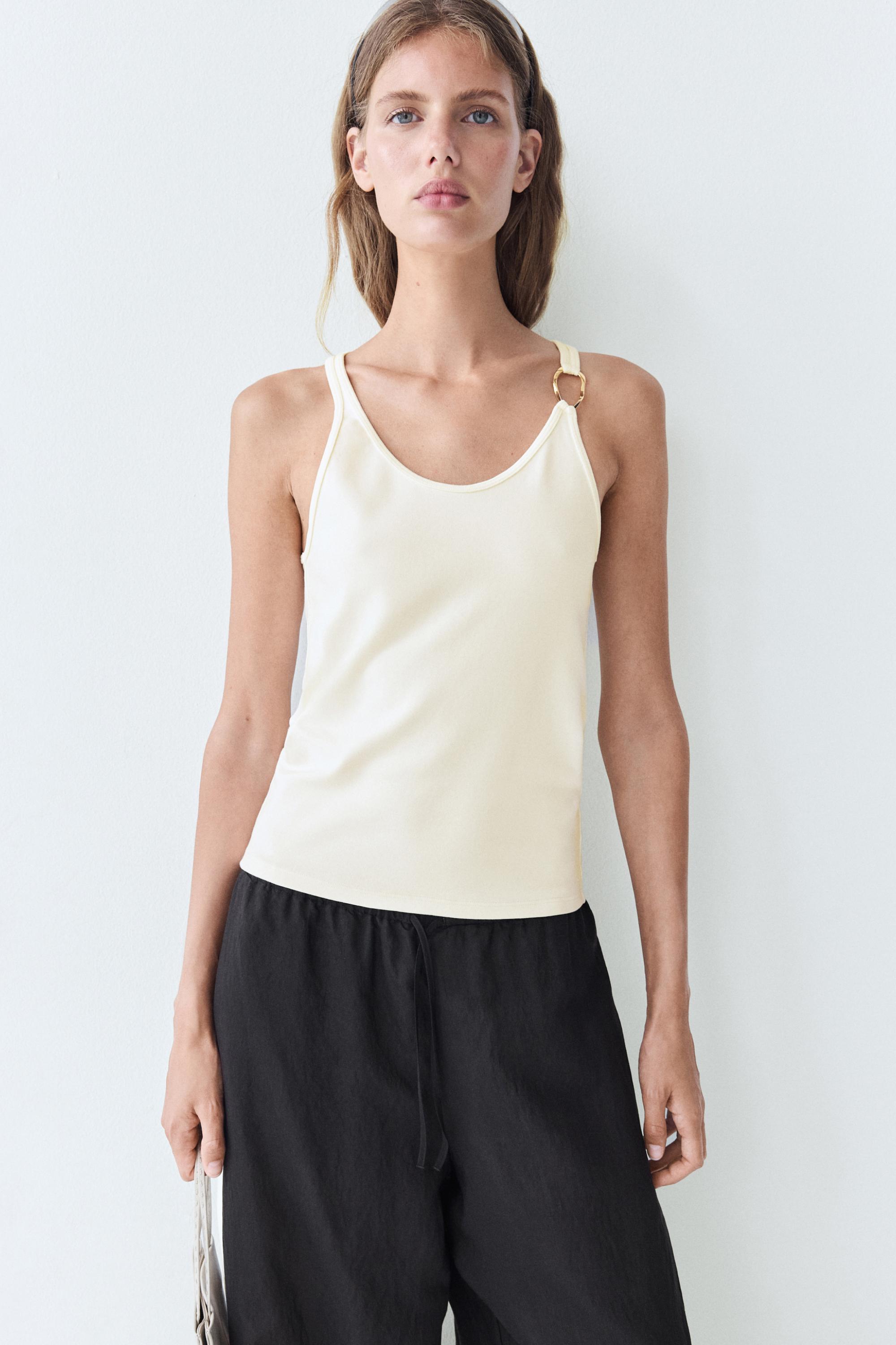 Cotton blend jeweled detail top — Ecru