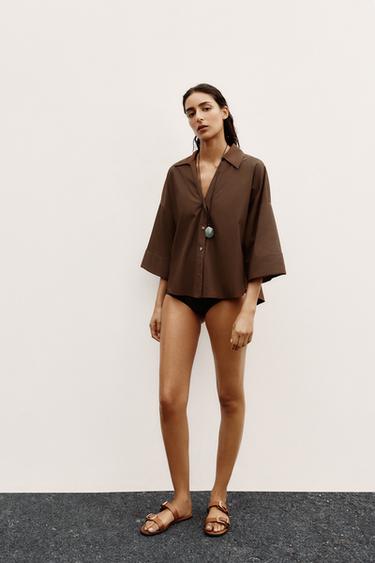 WIDE-SLEEVE POPLIN SHIRT - Brown by Zara