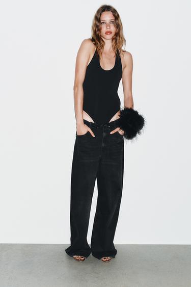 Zara TRF MID-RISE FOLDED WAISTBAND JEANS - Black