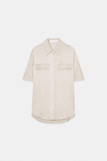 ZW COLLECTION SATIN SHIRT WITH POCKETS - Grey / Beige by Zara
