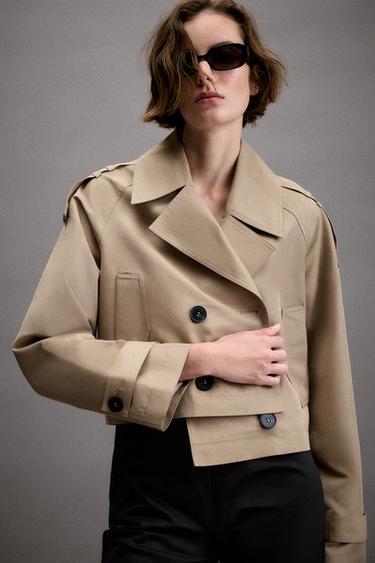 Zara SHORT DOUBLE-BREASTED TRENCH COAT - taupe brown