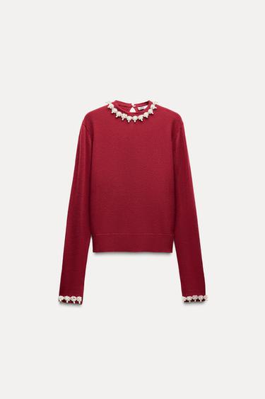 PLAIN KNIT SWEATER WITH FAUX PEARLS - Dark red by Zara