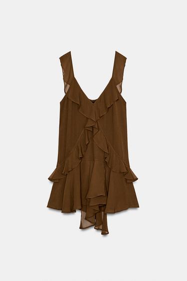 Zara 荷葉邊短版洋裝 - 巧克力色