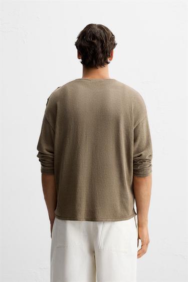 BUTTON-UP KNIT T-SHIRT - Dark beige by Zara - Image 2