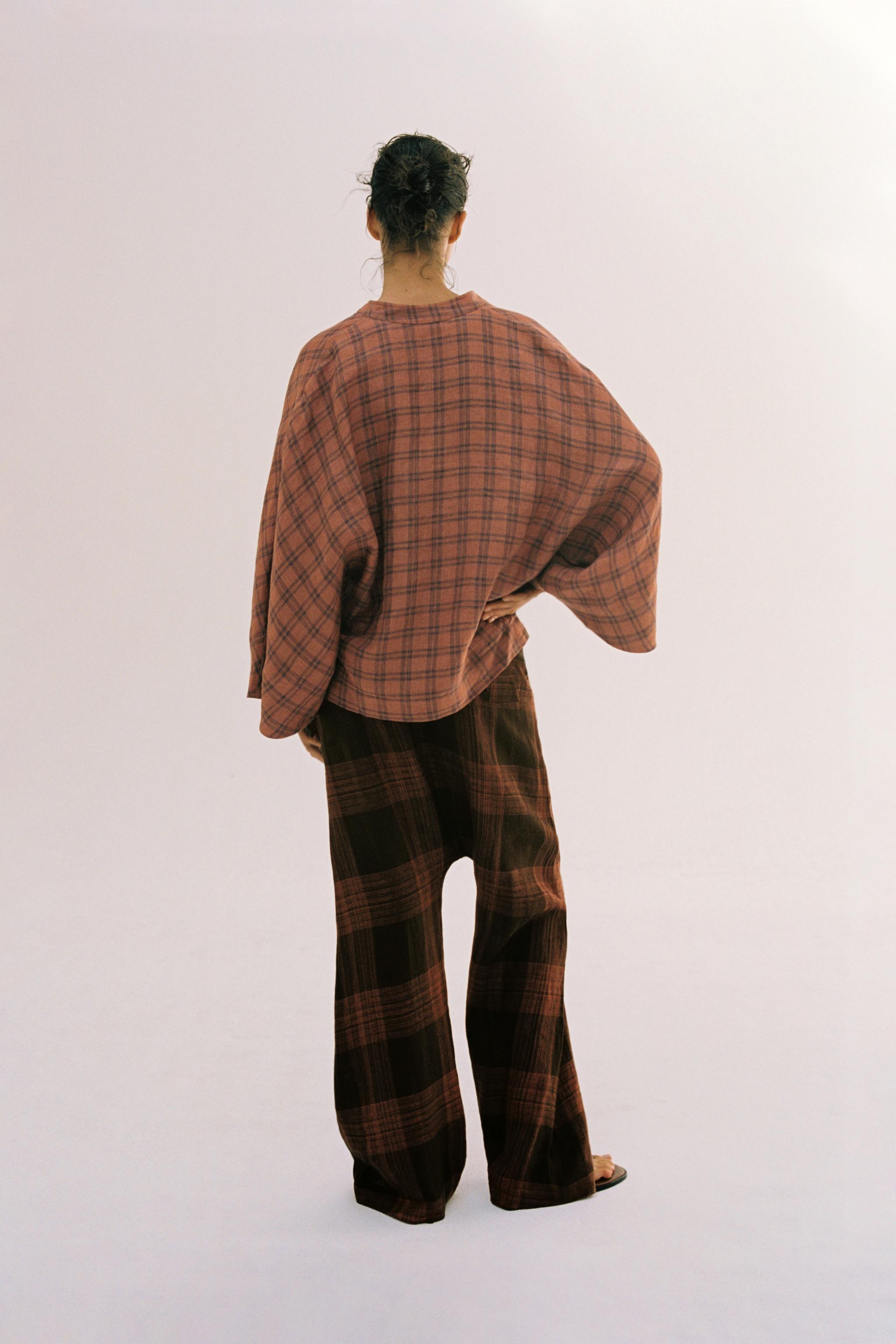 Женские брюки Zara ZW COLLECTION CHECKED LINEN TROUSERS — фото 2