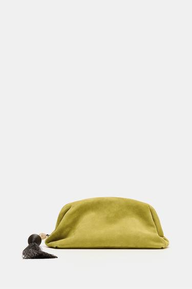 CLUTCH AUS LEDER MIT POMPON - Limettengrün von Zara