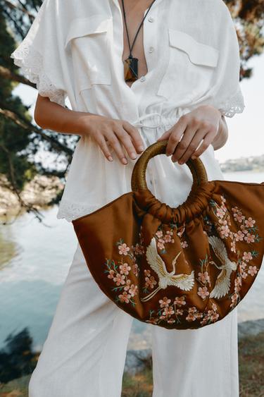 EMBROIDERED FAN BAG WITH BIRDS AND FLOWERS - Brown by Zara