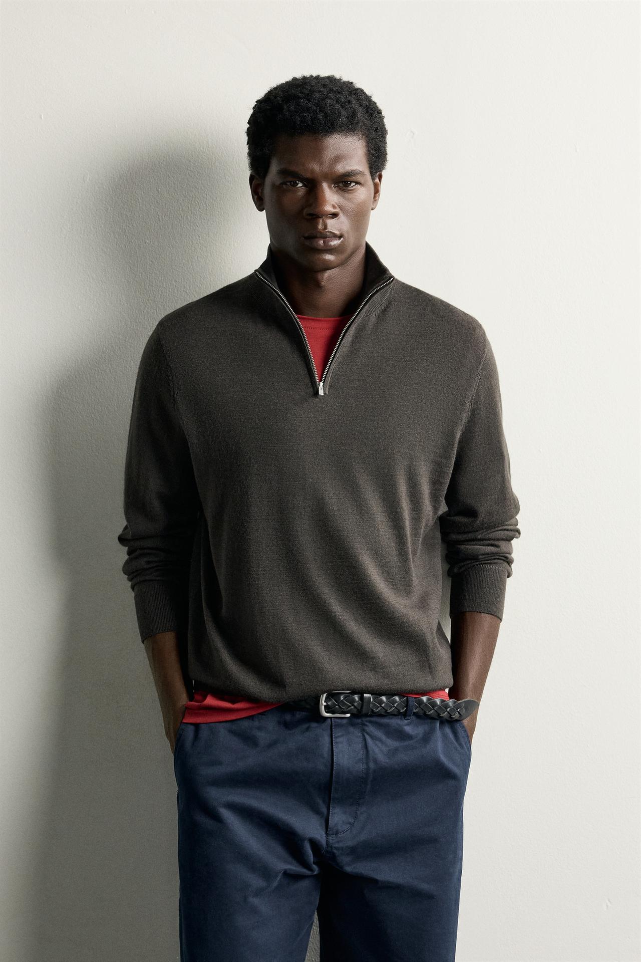 100% WOOL QUARTER-ZIP SWEATER — Green