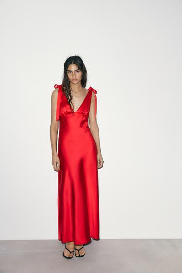 Zara LONG SATIN EFFECT DRESS - Red