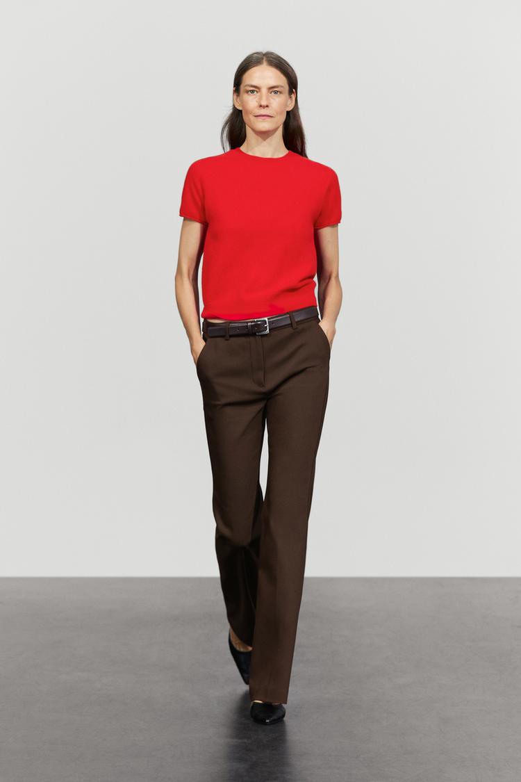 100% cashmere short sleeve knit sweater — Red