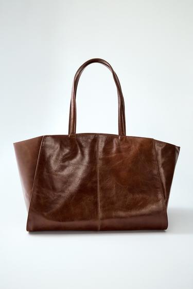 STITCHED LEATHER TOTE BAG - Dark tan by Zara