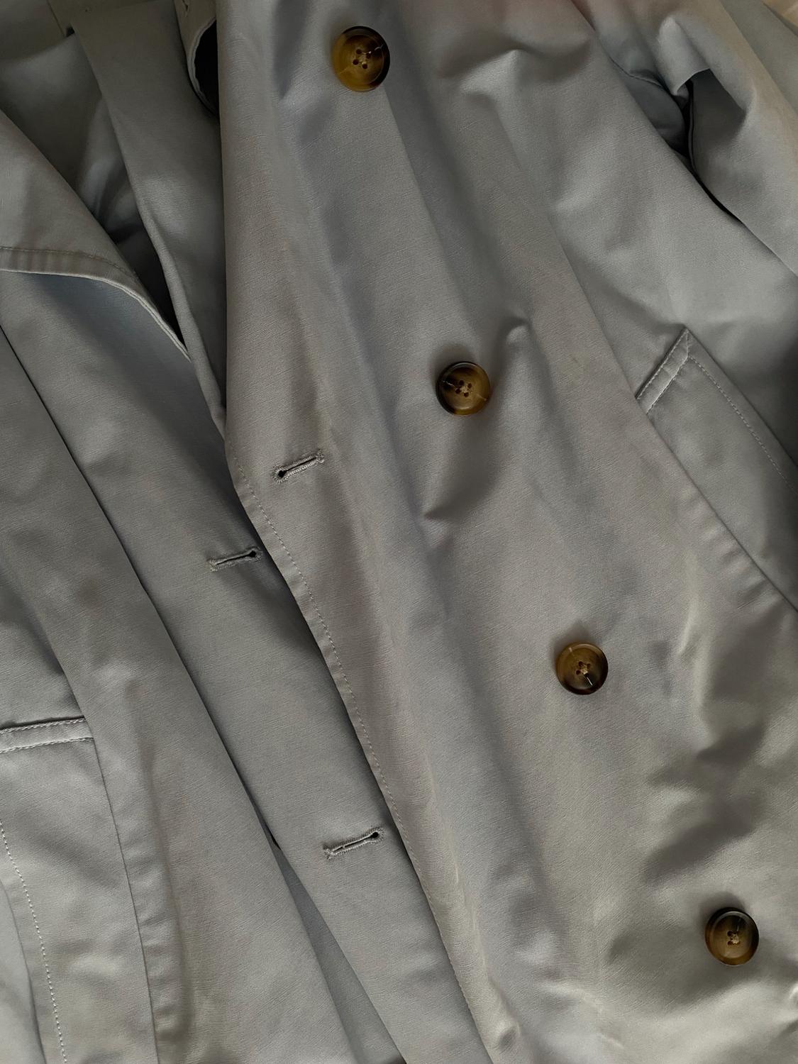 Close-up of a light blue trench coat with brown buttons. The soft folds of the fabric, the seams, and a side pocket are visible.