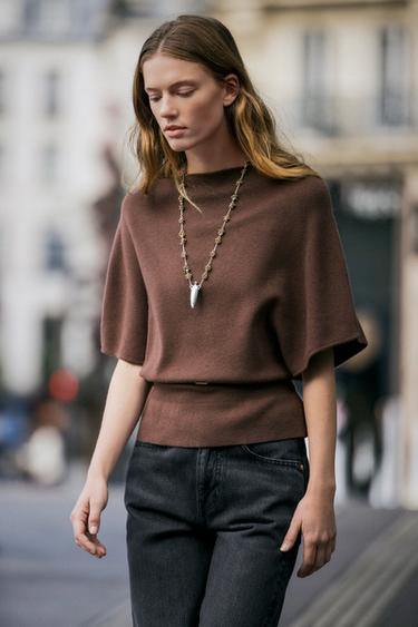 Zara BELTED CAPE KNIT TOP - Brown