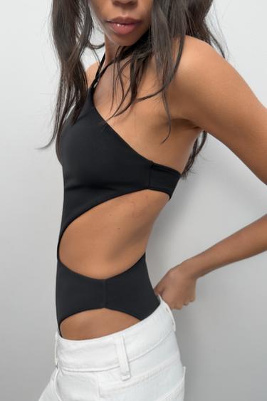 STRETCH KNIT HALTER CUT-OUT BODYSUIT - Black by Zara