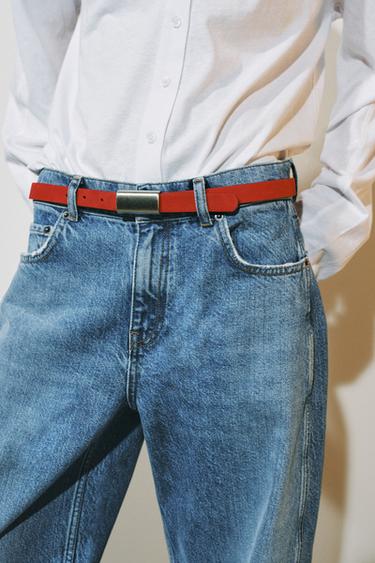Zara 100% LEATHER BUCKLE BELT - Red - Image 0