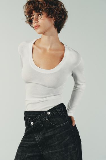 TRF WIDE-LEG HIGH-WAIST JEANS WITH CROSSOVER WAIST - Black by Zara - Image 2