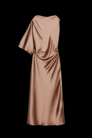 Zara ASYMMETRIC SLEEVE SATIN EFFECT MIDI DRESS - Mid-camel