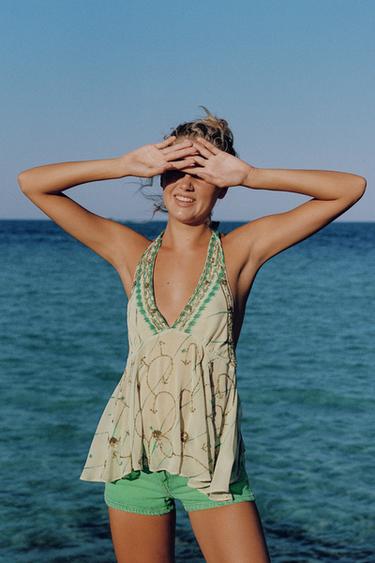 TOP HALTER IMPRIMÉ BRODÉ - Vert d'eau de Zara