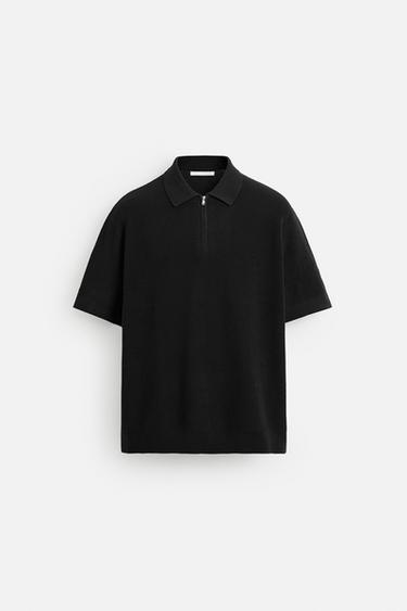 Zara PURL KNIT ZIPPER POLO SHIRT - Black