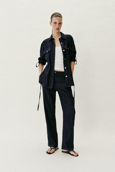 WRINKLED-EFFECT STRAIGHT TROUSERS - Navy blue by Zara