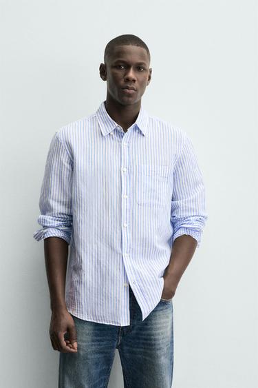 REGULAR FIT LINEN - COTTON SHIRT - Blue/White by Zara