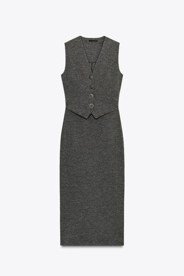 Zara BUTTON MIDI DRESS - Green marl