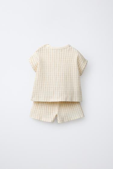 CHECK WAFFLE-KNIT T-SHIRT AND BERMUDA SHORTS SET - Ecru by Zara - Image 1