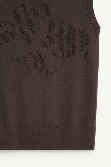 GILET EN MAILLE JACQUARD À FLEURS - Marron / Taupe de Zara - Image 5