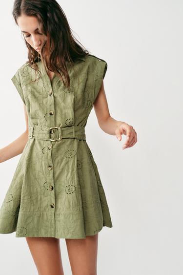 SHORT DRESS WITH CUTWORK EMBROIDERY - Khaki by Zara