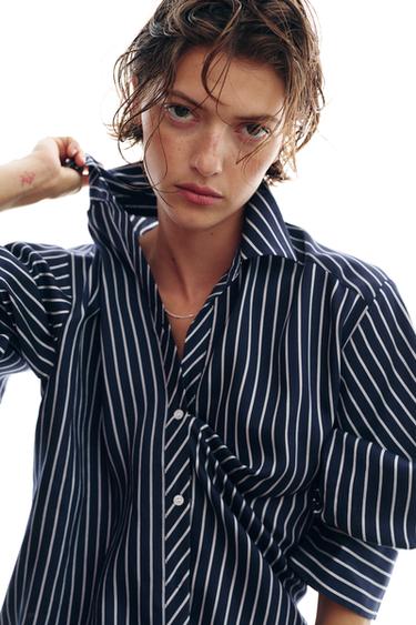 STRIPED PUFF SLEEVE SHIRT - Navy / White by Zara - Image 8