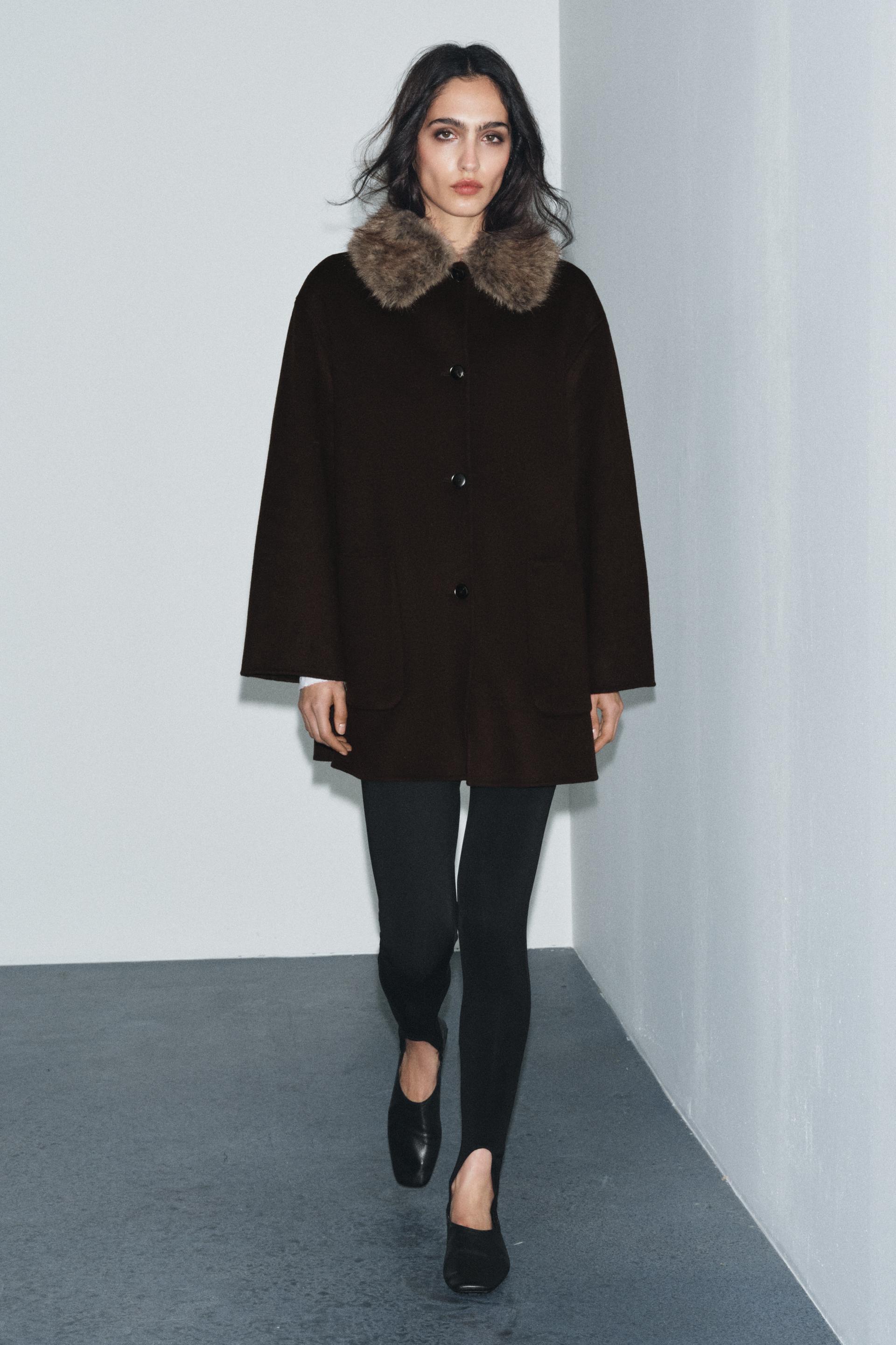 Wool Coat With Faux Fur Collar Zw Collection