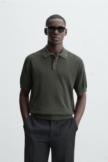 Zara OPENWORK STRUCTURED KNIT POLO - Taupe gray