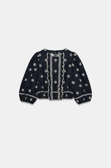BLOUSE WITH CUTWORK EMBROIDERY AND DOTS - Navy blue by Zara - Image 5