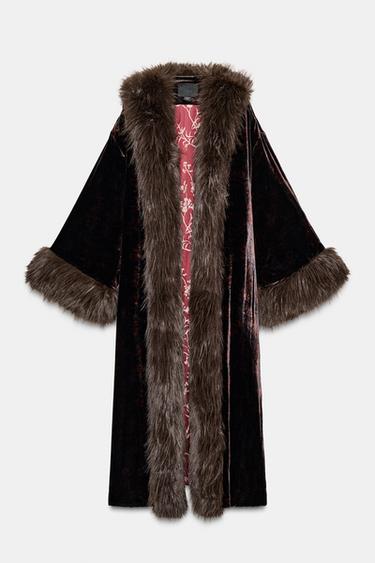Zara 印花天鵝絨人造皮草大衣 - 棕色