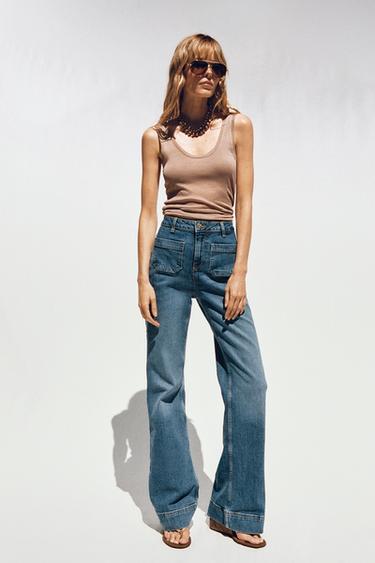 Zara Z1975 HIGH-WAIST PATCH POCKET JEANS - Mid-blue