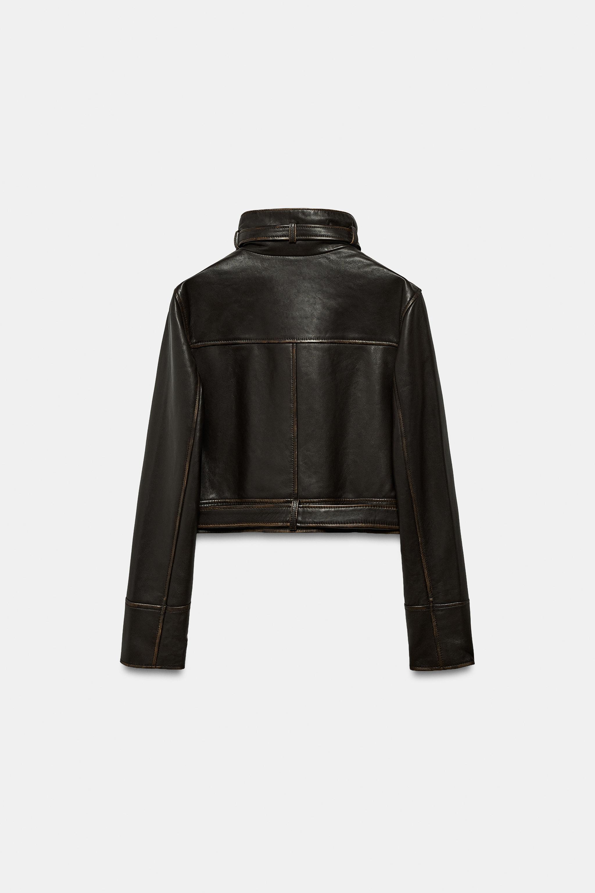 ダメージ加工リアルレザージャケット - ダークブラウン | ZARA Japan
