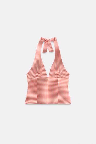 Zara GINGHAM CORSET HALTER TOP - Orange