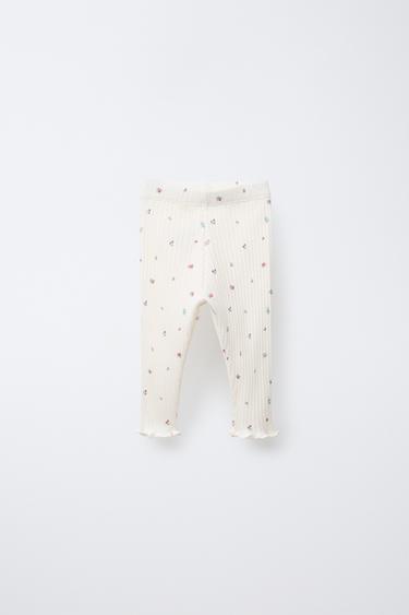 Zara FLORAL RIBBED LEGGINGS - Light ecru