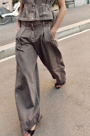 Zara Z1975 MID-RISE WIDE LEG DART JEANS - Brown marl