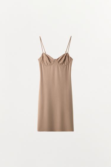 КЪСА РОКЛЯ С ПОДПЛАТА И ПОЛИАМИД - розово-бежов от Zara