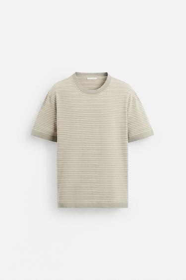 Zara STRIPED COTTON LINEN KNIT T-SHIRT - Gray / Beige