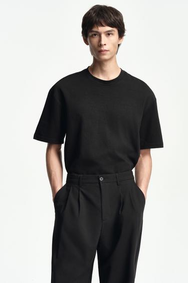Zara 寬鬆版雙面織紋棉質T恤 - 黑色