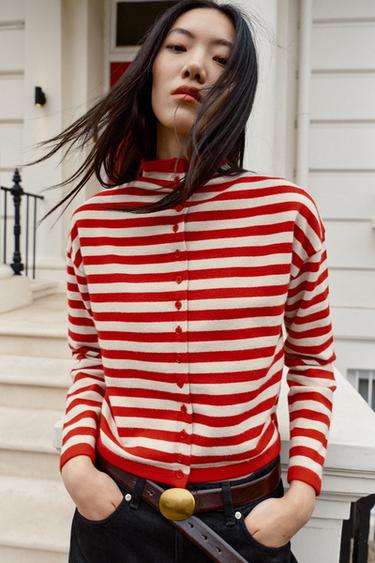 STRIPED KNIT CARDIGAN - Red Stripe by Zara